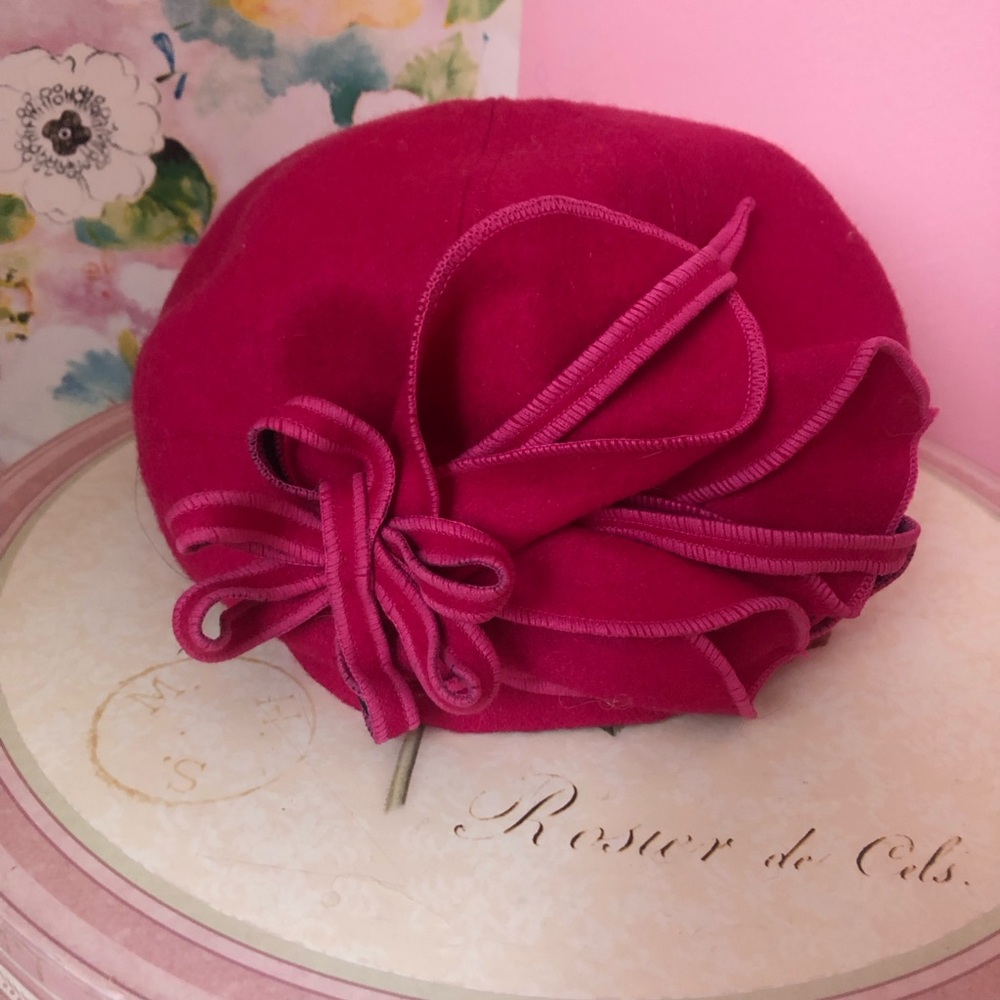 HAT Pink Beret with Floral Accent